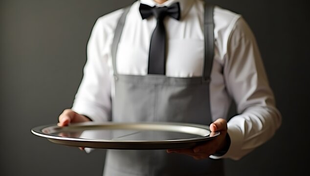 Waiter holding an empty silver tray in a restaurant.