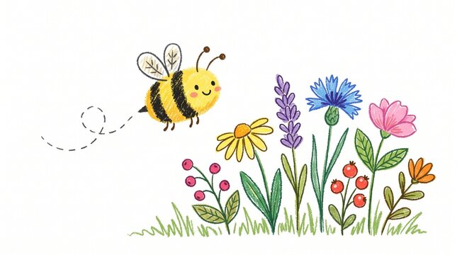 Cute watercolor illustration of a friendly little bumblebee flying towards a colorful meadow of wild spring flowers