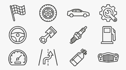 Fototapeta premium Dynamic Black and White Line Set of Car and Auto Maintenance Icons with high quality professional line art symbols for modern creative design and digital branding projects
