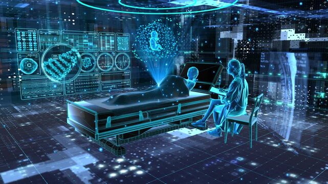 A medical professional monitors a patient on a futuristic examination table, surrounded by holographic displays of DNA, fetal imaging, and vital signs in a high-tech digital healthcare lab.
