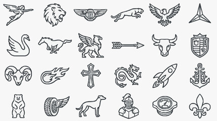 Industrial Black and White Line Art Symbols Collection Featuring Mythical Creatures Animals Vehicles and Emblems © Favi