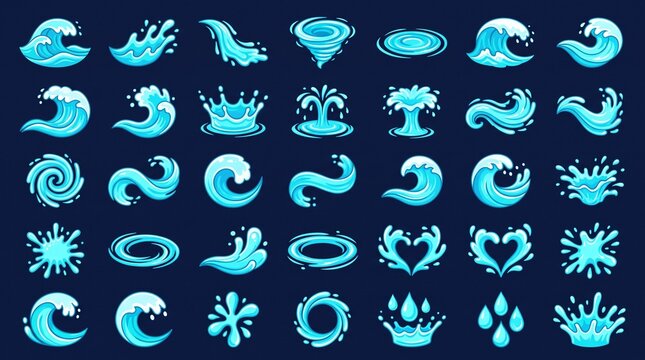 "Create a premium flat vector collection featuring 30 dynamic water splash effects arranged in a clean 5&times;6 grid on a dark navy or transparent background. The collection should include a wide variety o