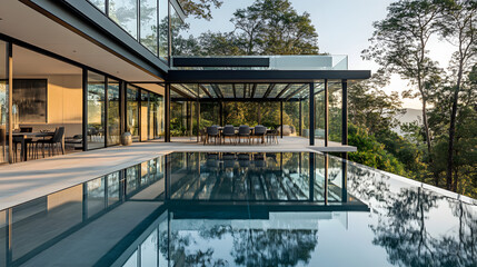 Fototapeta premium Modern glass house with infinity pool overlooking lush forest at dusk