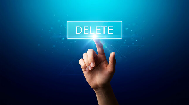 Hand pressing digital delete key on glowing blue background finger