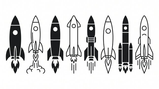 "Create a premium flat vector collection featuring 8 modern rocket ship icons displayed horizontally on a clean white or transparent background. The collection should showcase a variety of retro and f