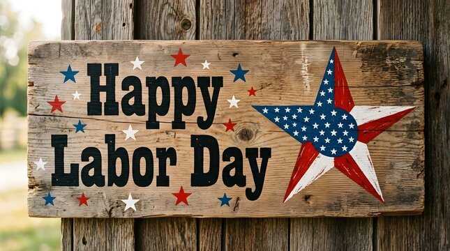 Happy Labor Day wooden sign. Rustic American holiday decor with patriotic star design.