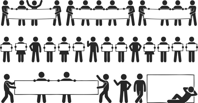 Stick figure people holding blank banners and signs, protest group with empty placards, crowd of people with message boards vector set