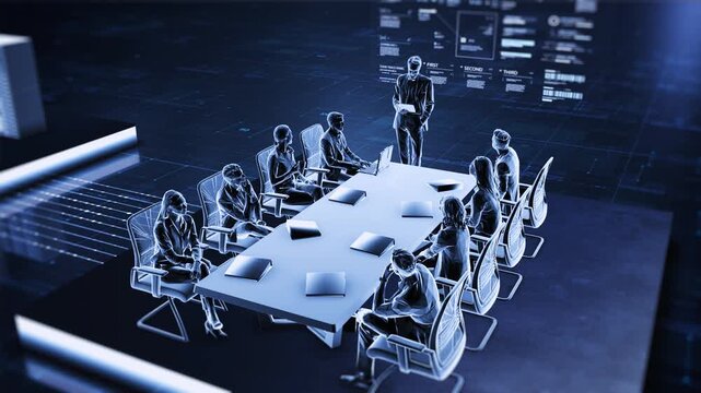 Digital technology office, a business team conducts a meeting around a conference table, set against a backdrop of server racks and holographic data displays in a futuristic digital workspace.