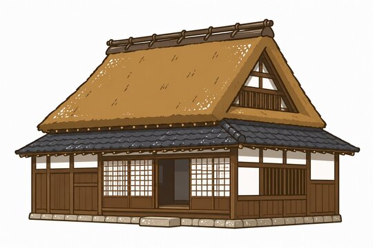 日本の伝統的な茅葺き屋根の古民家のイラスト