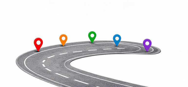 A curved asphalt road with multiple colorful location markers, used to represent navigation routes and planning points.