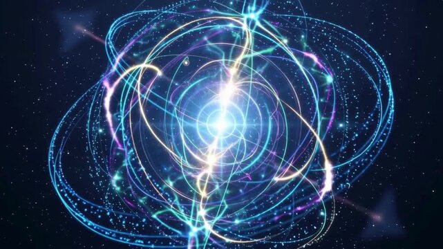 Glowing digital quantum core and gyroscopic particle sphere loop video background.