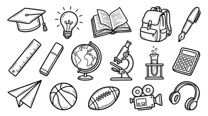 Fototapeta premium Education School Doodle Icons Set Vector, Back To School Line Art, Learning Elements Pack, Books Backpack Globe Microscope SVG education, school, learning, icons set, vector, svg, doodle, line art, ba