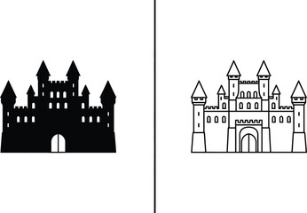 Obraz premium Castle Illustration with Two Different Design Styles, One Black and One Outlined
