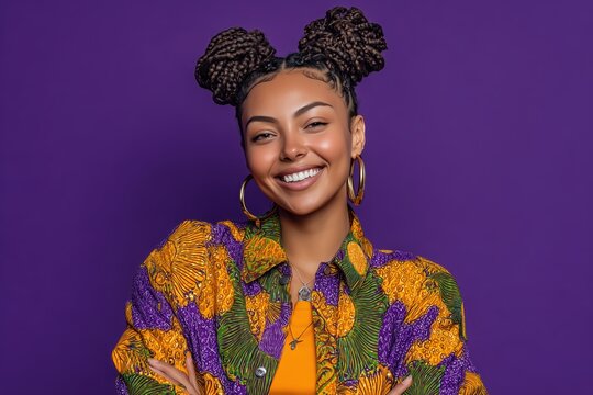 smiling woman with braided hair in colorful outfit