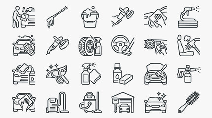 Naklejka premium Elegant Black and White Line Icons Set Featuring Comprehensive Car Detailing and Cleaning Services