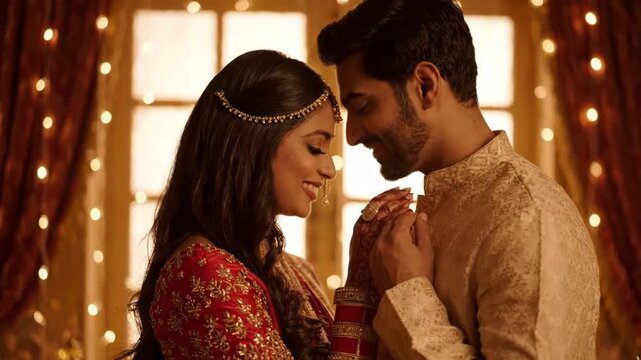 Romantic indian couple holding hands during diwali festival celebration with fairy lights background