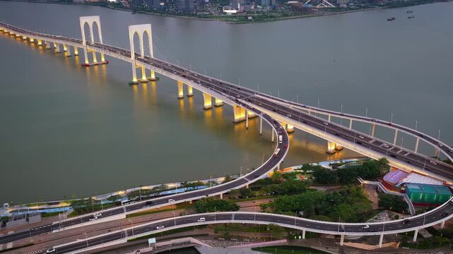 Aerial View of Sai Van Bridge at Dusk, Macau