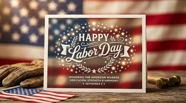 Happy Labor Day greeting card. American holiday celebration with US flag and work tools.