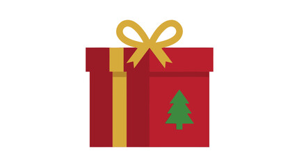 Fototapeta premium Christmas gift box vector icon with festive red wrapping paper, yellow ribbon bow, and green tree decoration for holiday design elements