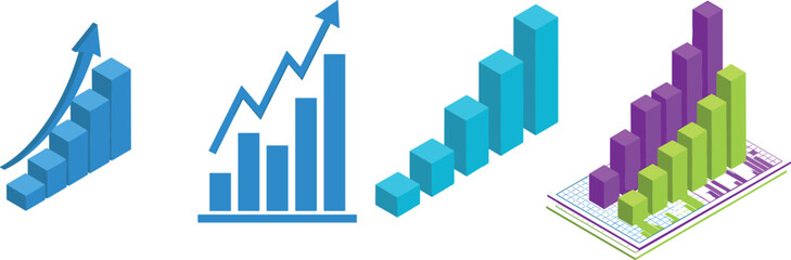 Fototapeta premium Isometric Business Financial Chart and Infographic Vector Set with 3D Bar Graphs, Growth Arrows, and Multi Color Financial Market Analysis Progress Diagrams