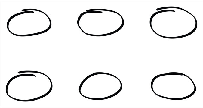 Dark isolated hand drawn stroke circle icon set on white page. Doodle black ring circle vector icons. Hand drawn border outline scribble icons set on white background. EPS 10. 