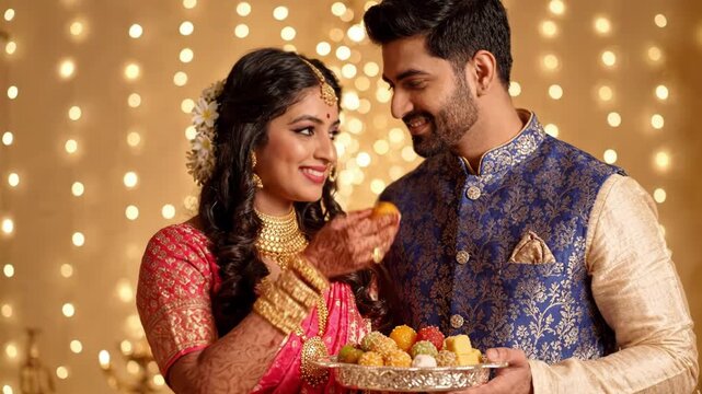 Indian couple in traditional attire holding a platter of sweets during a festive celebration
