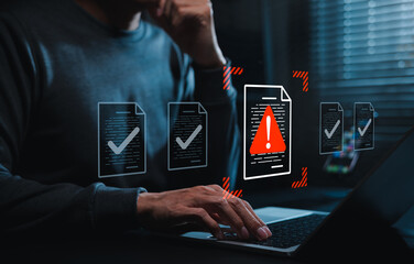 Document risk review concept. Person using laptop to approve files. compliance audit, warning...