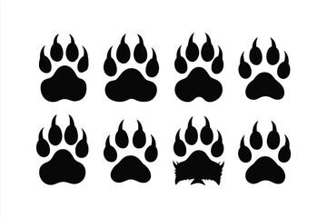 Set of animal paw prints, collection of predator footprints, wild cat or wolf tracks, black silhouette icons © Ranu