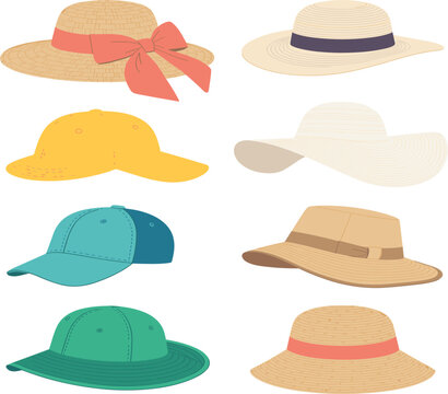 Casual Summer Headwear Vector Set with Wide Brim Straw Sun Hats, Panama Caps, Baseball Trucker Hats, and Outdoor Safari Bucket Designs for Beach Travel and Sun Protection