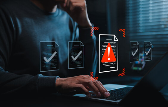 Document risk review concept. Person using laptop to approve files. compliance audit, warning report, error detection, policy checking, validation control, secure workflow, business risk management