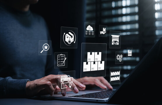 Logistics supply chain and warehouse inventory management system concept. Person using laptop, showing smart cargo boxes, delivery truck, storage facility, order tracking checklist, distribution icons