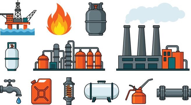 Heavy Industry and Oil Gas Production Vector Illustration Set Featuring Refinery Factory Drilling Rig and Storage Tanks