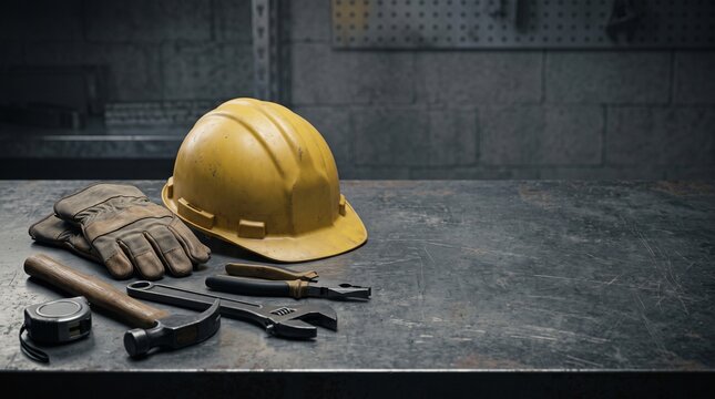 Yellow hard hat and work tools on workbench. Industrial construction equipment on table.