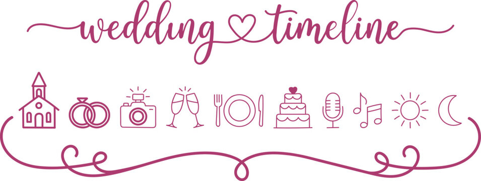 Wedding timeline icons set and day schedule line art