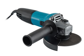 Powerful handheld angle grinder with cutting disc and handle. © Rum