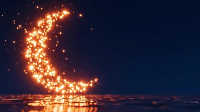Glowing crescent moon made of golden bokeh lights reflecting on dark water surface
