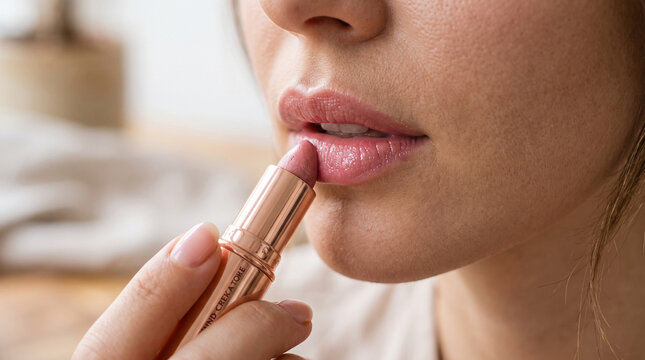 woman applying pink lipstick