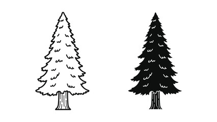 Obraz premium Set of two hand drawn pine trees, outline and silhouette style, coniferous forest elements