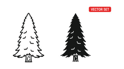 Set of pine tree icons, outline and silhouette style, coniferous forest elements © SHAHRIYAR RASEL