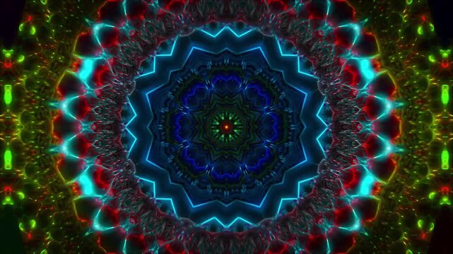 Psychedelic mandala kaleidoscope motion with vibrant glowing neon light patterns.