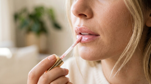 woman applying pink lip gloss