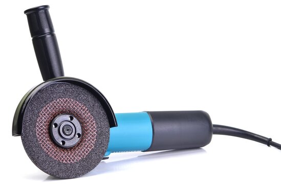 Portable Angle Grinder with Blue Handle and Safety Disc.