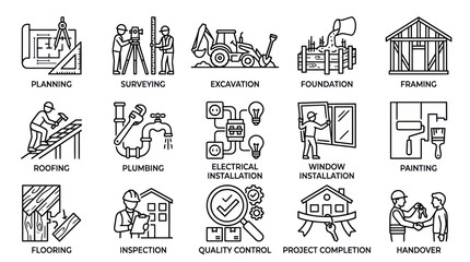 Fototapeta premium Building project phase icons for construction workflow planning.