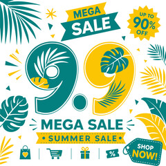 Naklejka premium 9.9 Mega Sale Summer Sale Banner with Tropical Leaves and Discount Icons