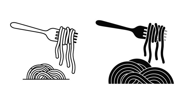 Set of spaghetti pasta on a fork icons, line and solid style