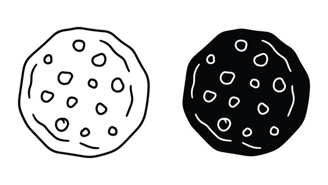 Hand drawn doodle of a chocolate chip cookie in outline and silhouette style