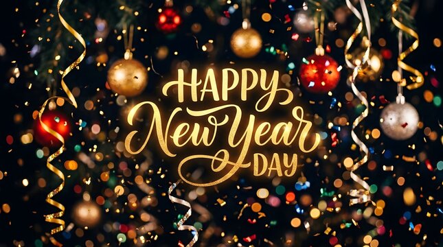 Elegant gold lettering for a happy new year celebration featuring festive ornaments and shimmering confetti on dark background