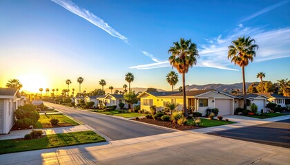 Obraz premium Suburban street at sunrise with palm trees and houses