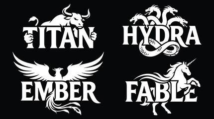 Obraz premium Mythical creatures collection featuring titan bull, hydra, phoenix ember, and fable unicorn