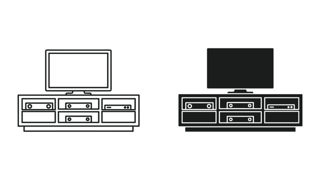 Tv stand with television set icon vector illustration of home entertainment furniture with media console and flat screen tv isolated on white background